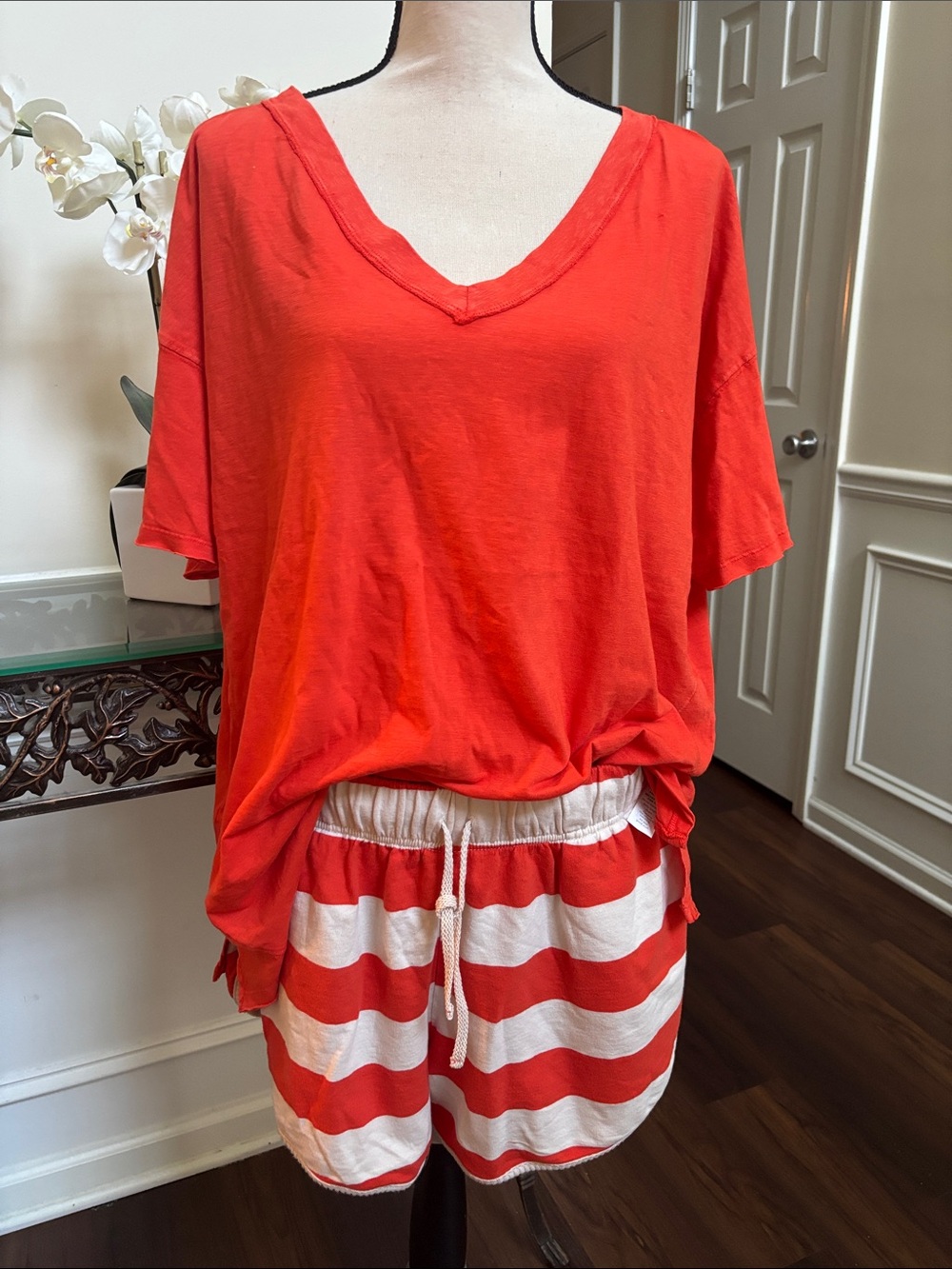 aerie Orange Striped Shorts and Tee Set size L/M